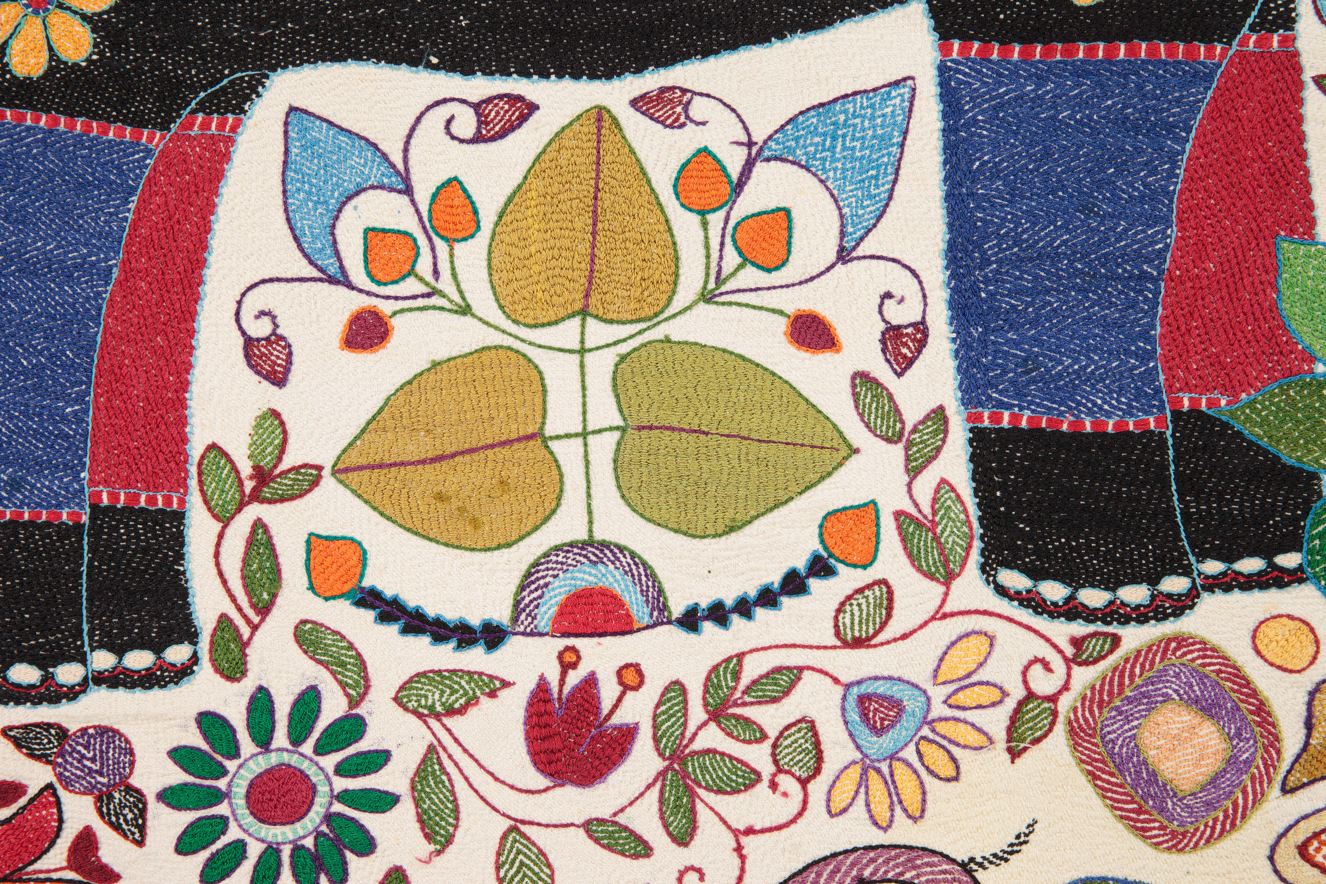 close up detail of embroidery featuring multi-coloured floral motifs using a combination of running, chain, herringbone, satin and cross stitch.